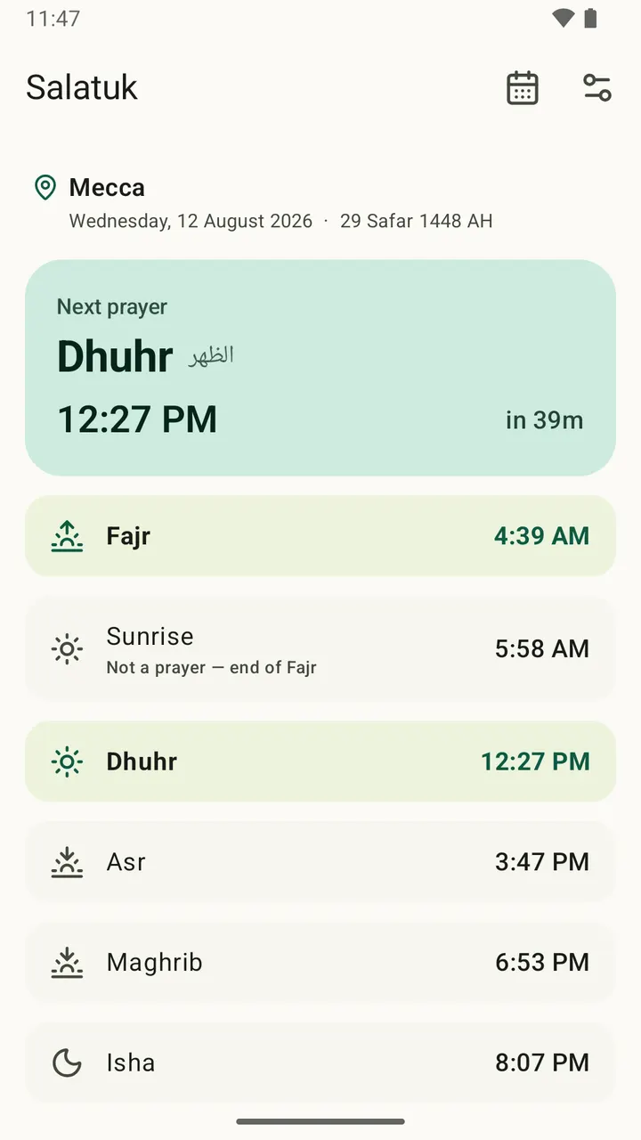 Today's times, with a live countdown to the next prayer — Salatuk on Android