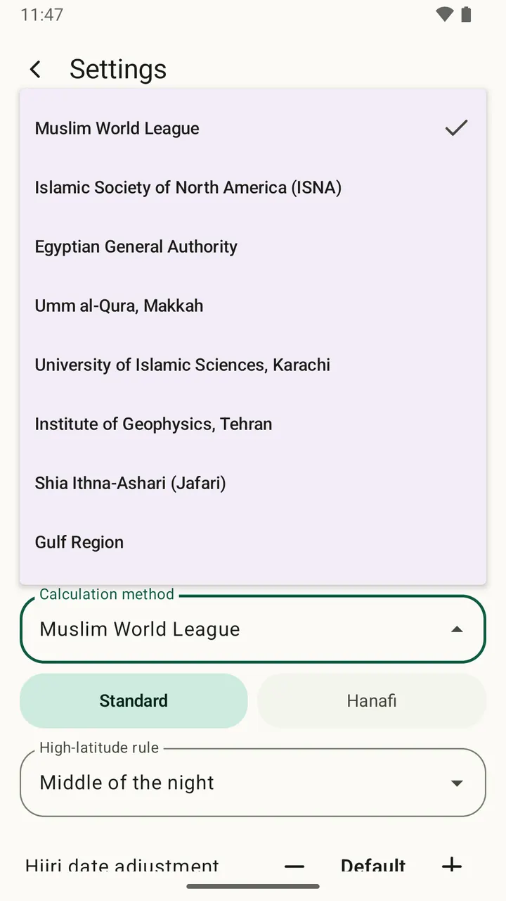 Sixteen calculation methods, and your Asr madhab — Salatuk on Android