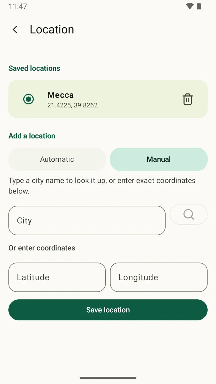 Detect your place, search a city, or type coordinates — Salatuk on Android