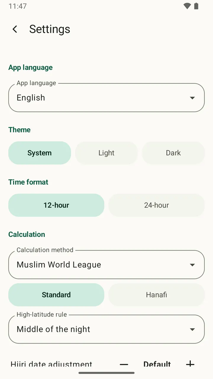 Six app languages, themes, and a 12- or 24-hour clock — Salatuk on Android