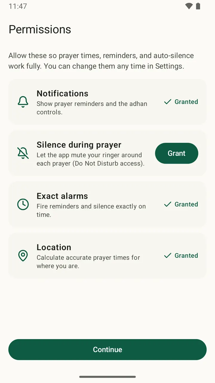 Every permission explained before it is asked for — Salatuk on Android